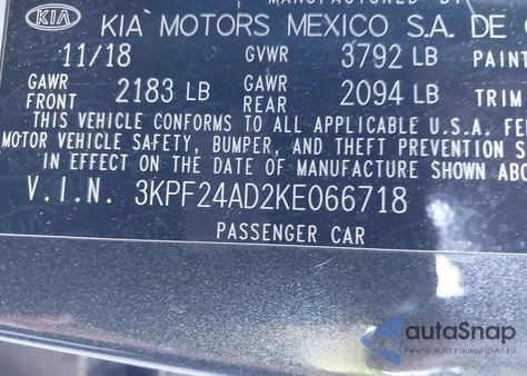 2019 Kia Forte Lxs from USA, damaged, VIN 3KPF24AD2KE066718